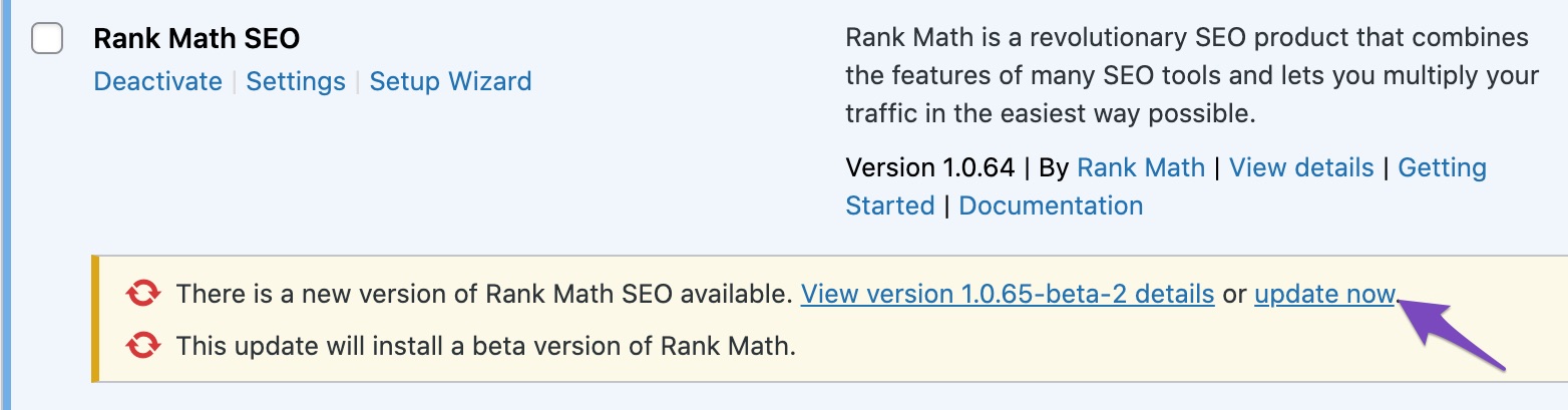 Rank Math SEO beta-update available